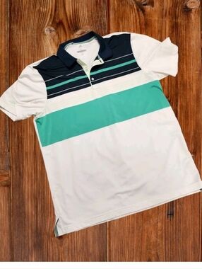 adidas White & Teal Striped Men's Golf Polo Large